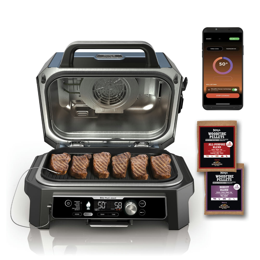 Ninja OG901EU Woodfire Pro Connect XL; Elektrický BBQ, Gril, Air fryer & Udiareň; Vonkajší; 45 cm x 31 cm